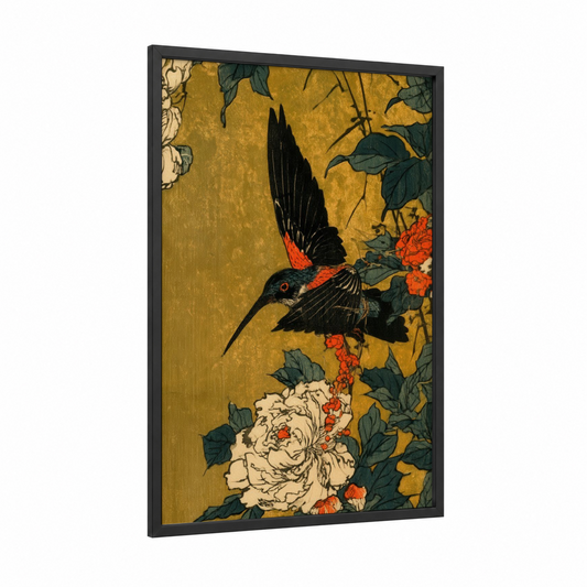 Crimson Hummingbird framed art print — black wood frame — gold and dark green palette
