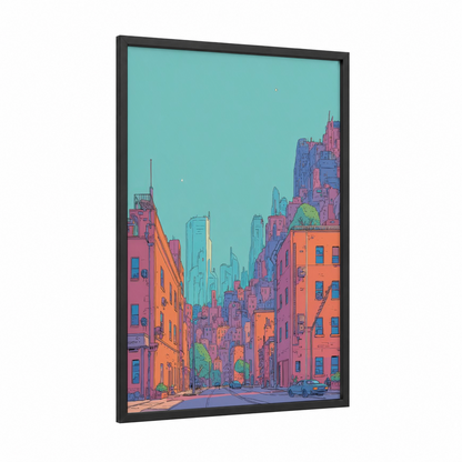 Neon City Street framed comic books print — black wood frame — magenta and turquoise palette