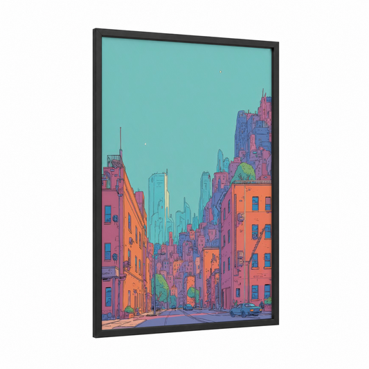Neon City Street framed comic books print — black wood frame — magenta and turquoise palette