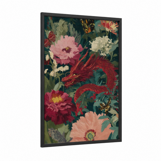 Ornate Dragon Garden framed art print — black wood frame — red and teal palette