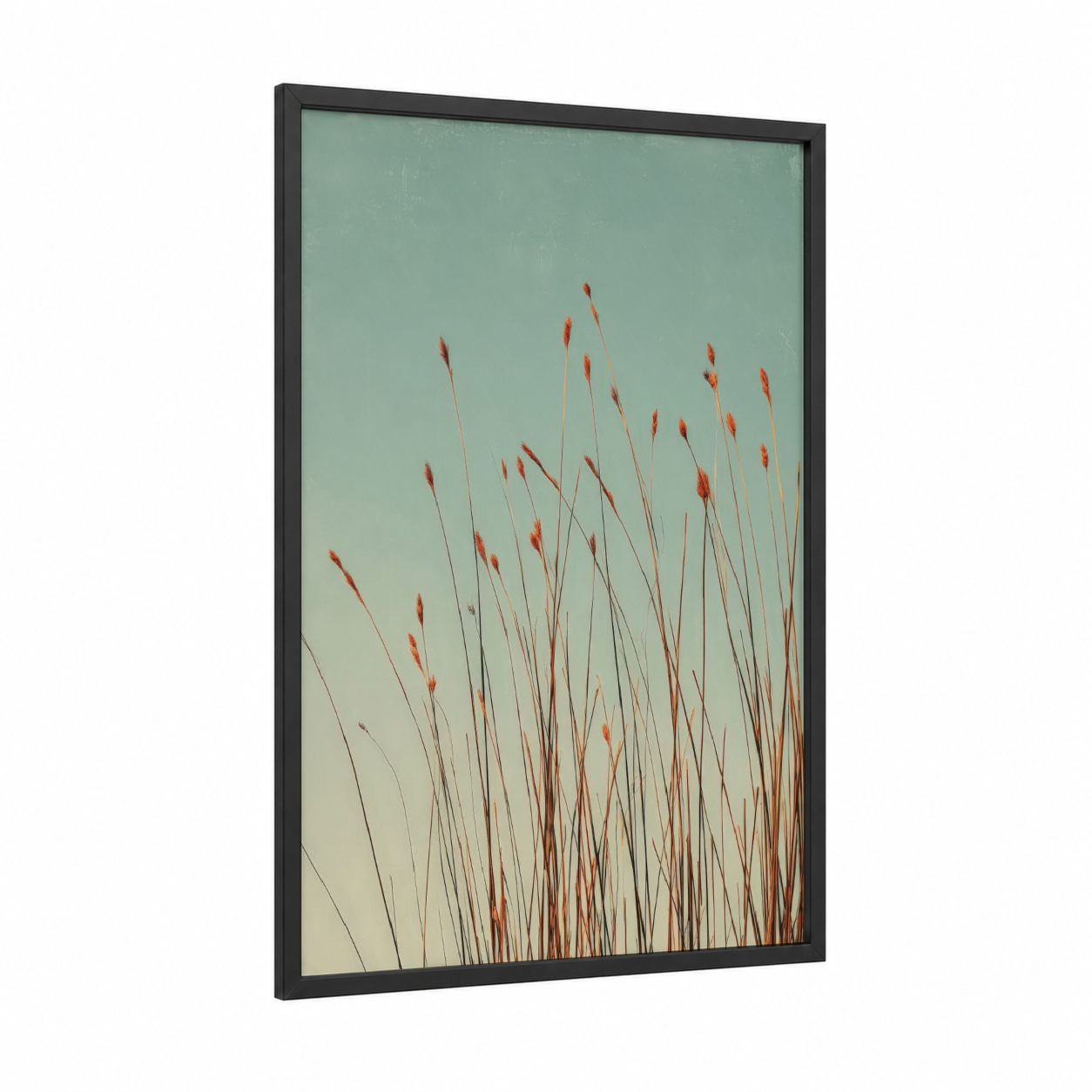 Crimson Grass Dream framed art print — black wood frame — teal and russet palette