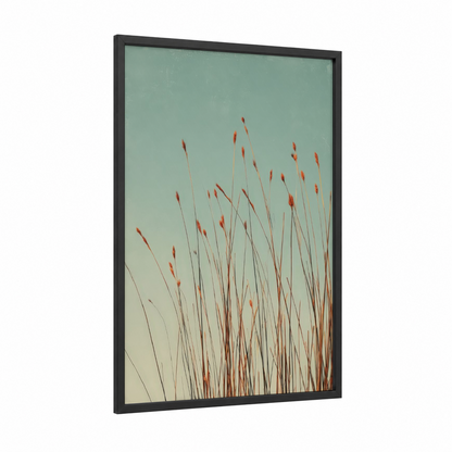Crimson Grass Dream framed art print — black wood frame — teal and russet palette