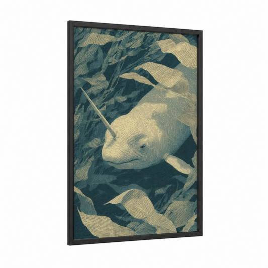 Narwhal Dreams framed art print — black wood frame — blue and gold and dark blue palette