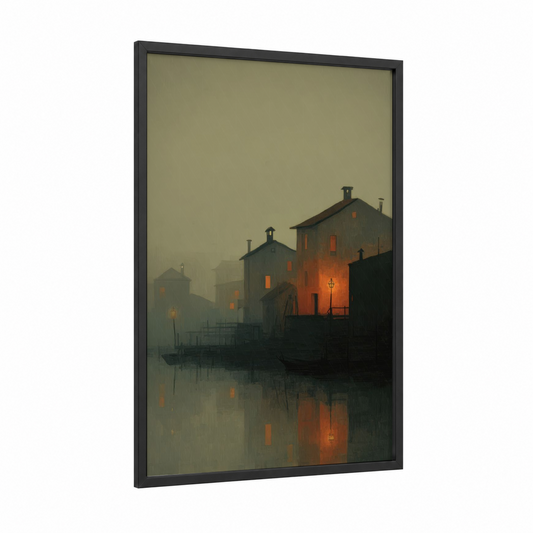 Misty Venice framed art print — black wood frame — gray and orange palette