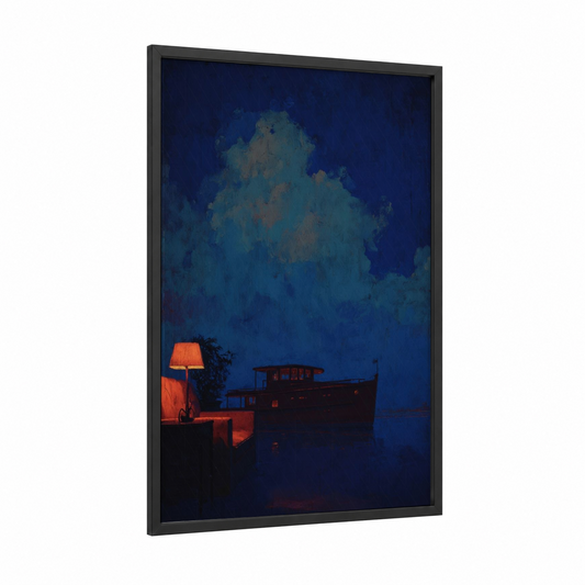 Midnight Yacht framed yacth print — black wood frame — dark blue and gold palette