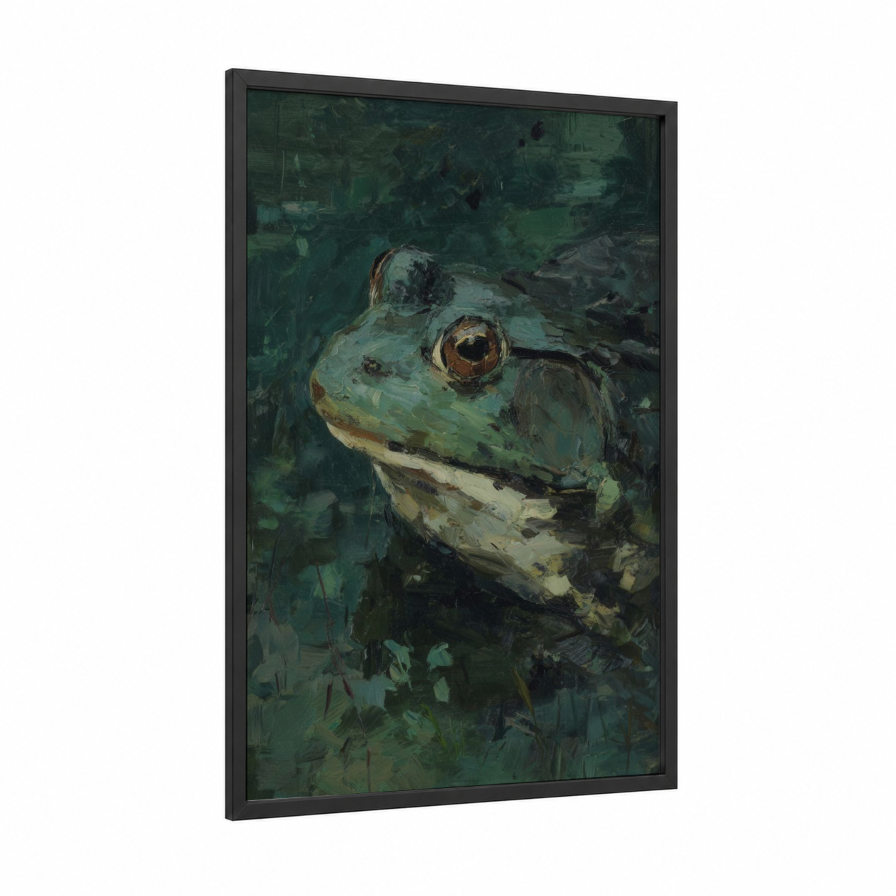 Emerald Frog Portrait framed frogs and toads print — black wood frame — dark green and olive palette
