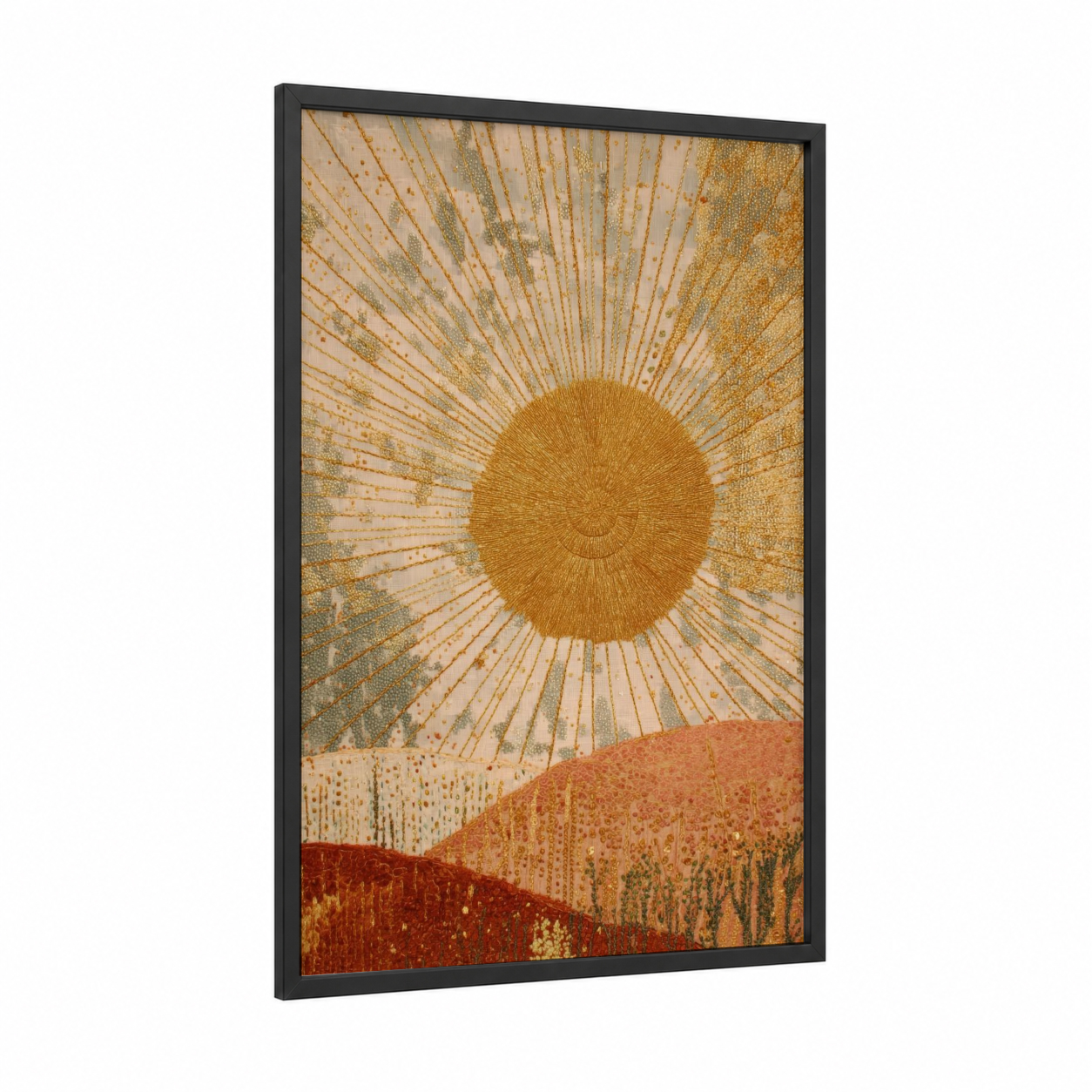 Golden Solar Burst framed solar system print — black wood frame — gold and peach palette