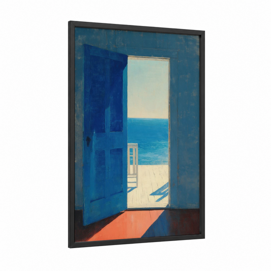Mediterranean Blue Door framed art print — black wood frame — blue and cream palette