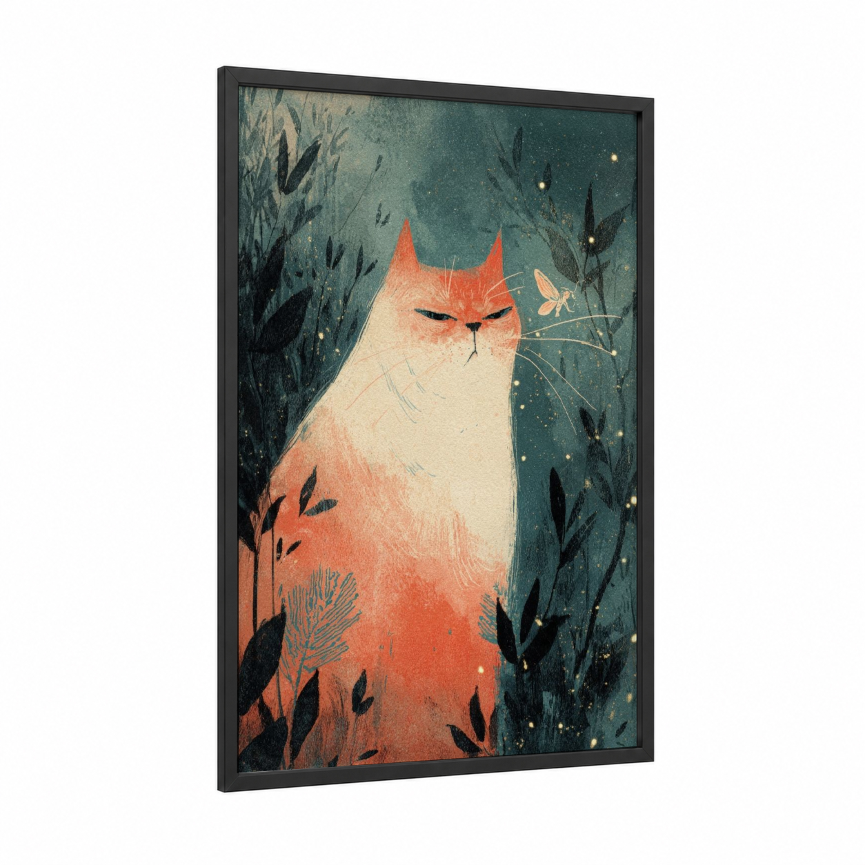 Glowing Garden Cat framed fireflies print — black wood frame — teal and peach palette