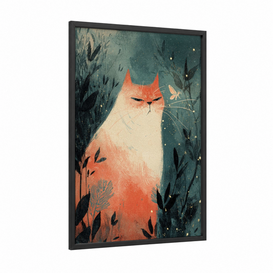 Glowing Garden Cat framed fireflies print — black wood frame — teal and peach palette