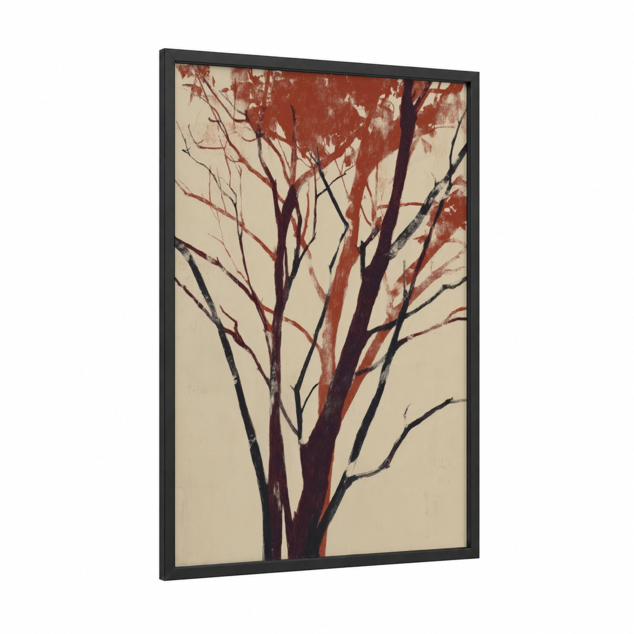 Crimson Banyan framed banyan tree print — black wood frame — russet and cream palette