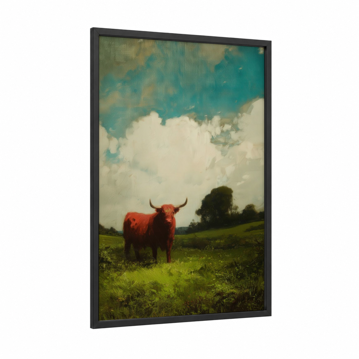 Crimson Bull Pasture framed art print — black wood frame — teal and green palette