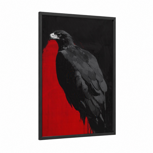 Crimson Eagle framed art print — black wood frame — black and white and red palette