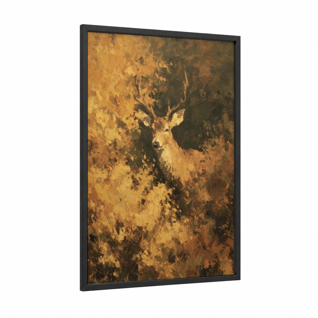 Golden Stag framed hunting print — black wood frame — gold and brown palette