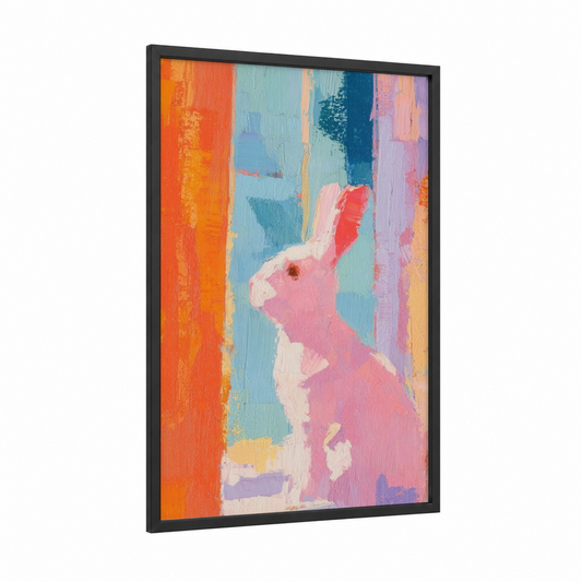 Pastel Easter Rabbit framed art print — black wood frame — pink and orange palette