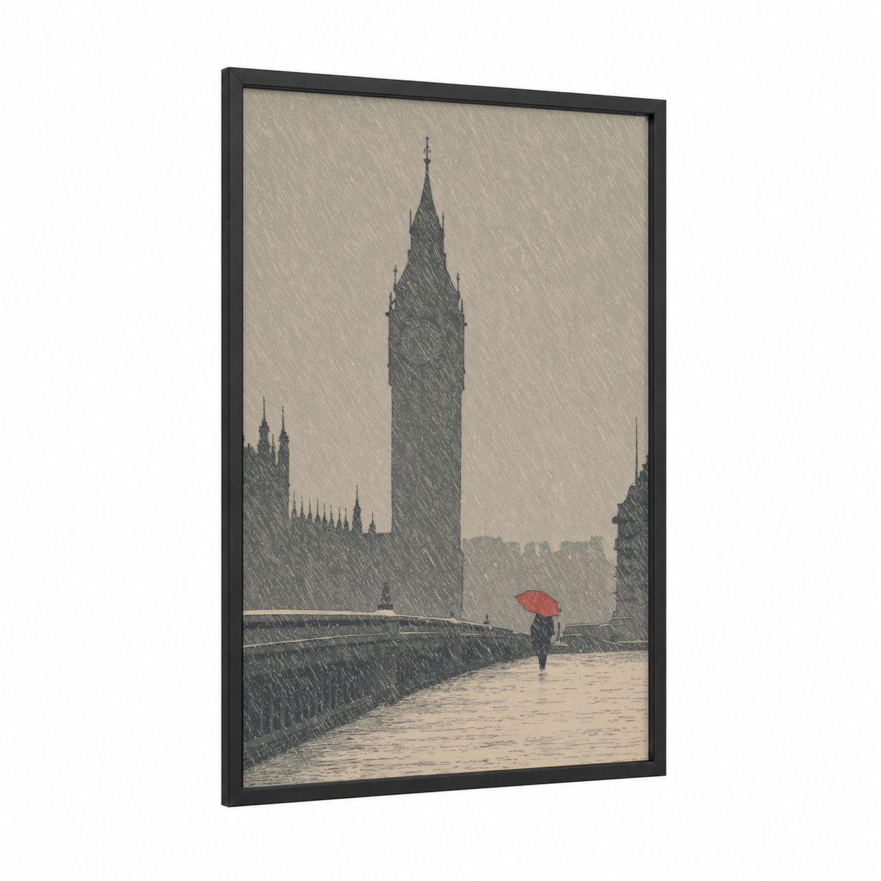 Rainy Big Ben framed art print — black wood frame — gray and gray and white palette
