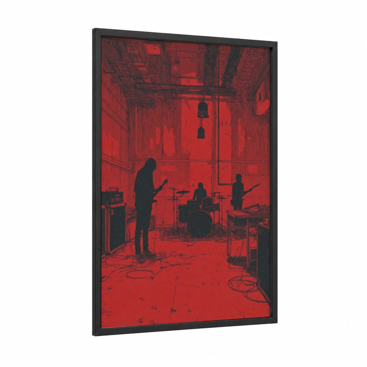 Studio Rehearsal framed death metal print — black wood frame — red and black palette