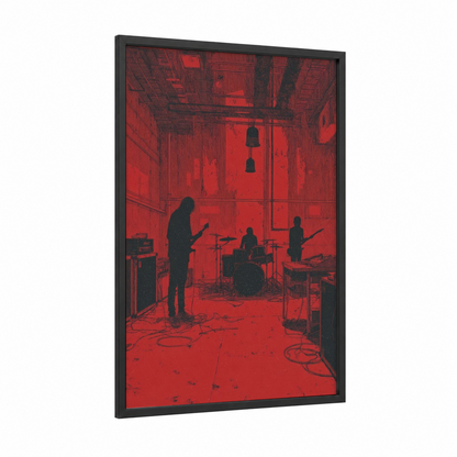 Studio Rehearsal framed death metal print — black wood frame — red and black palette