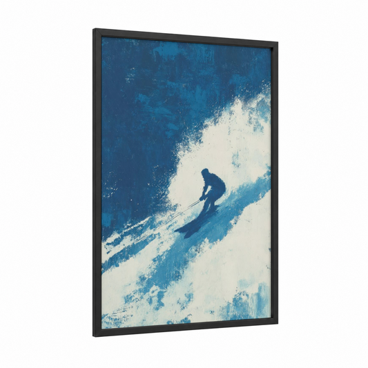 Alpine Skier framed water skiing print — black wood frame — blue and white and dark blue palette