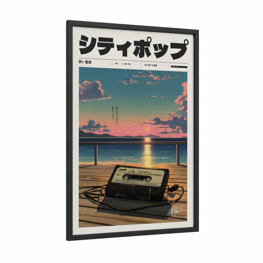 Sunset Cassette framed anime and manga print — black wood frame — salmon pink and dark blue palette