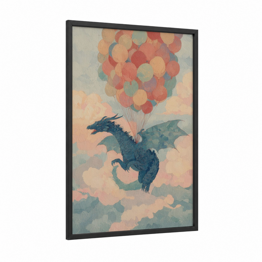 Whimsical Balloon Dragon framed art print — black wood frame — peach and sage green palette