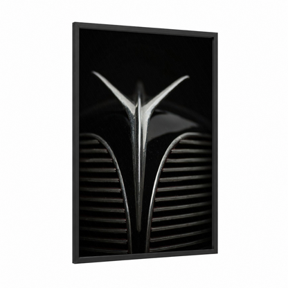 Chrome Speedster framed sports car print — black wood frame — black and white palette