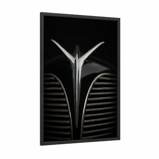 Chrome Speedster framed sports car print — black wood frame — black and white palette