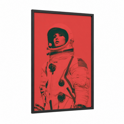Crimson Astronaut framed art print — black wood frame — red and black palette