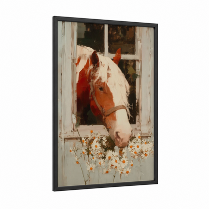 Windowsill Clydesdale framed clydesdale horse print — black wood frame — cream and russet palette