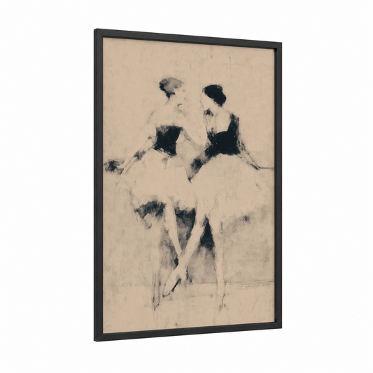 Vintage Swing Duo framed swing dance print — black wood frame — beige and black and white palette