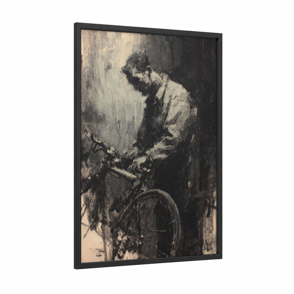 Mechanic's Focus framed urban bicycle print — black wood frame — black and white and gray palette