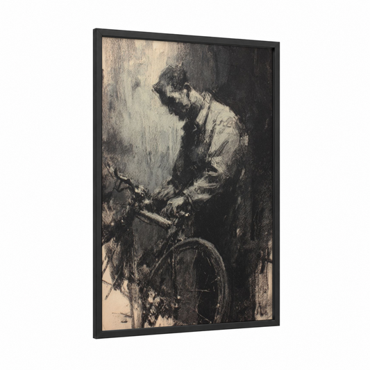 Mechanic's Focus framed urban bicycle print — black wood frame — black and white and gray palette