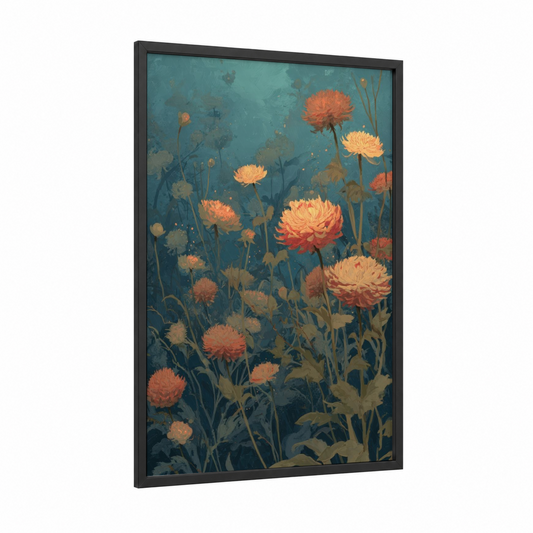 Coral Dahlia Garden framed art print — black wood frame — teal and peach palette
