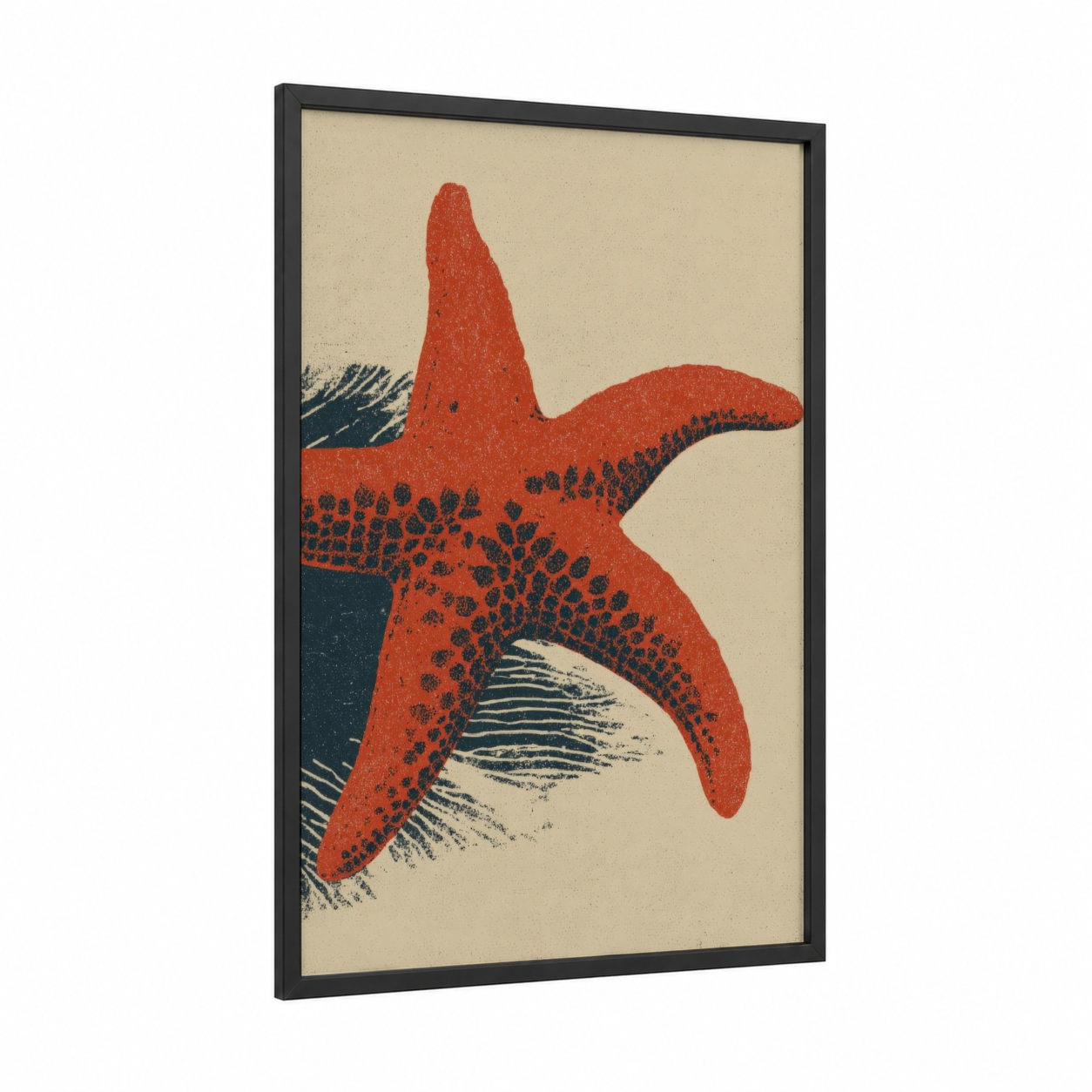 Crimson Starfish framed art print — black wood frame — red and cream palette