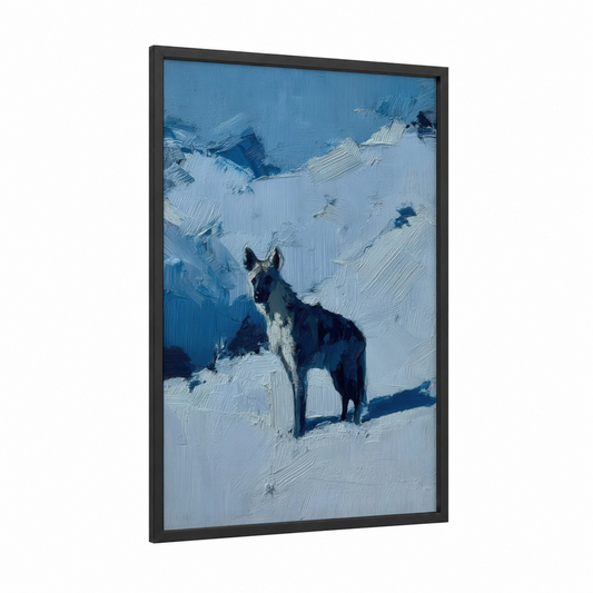 Snowy Hyena framed art print — black wood frame — blue and white palette
