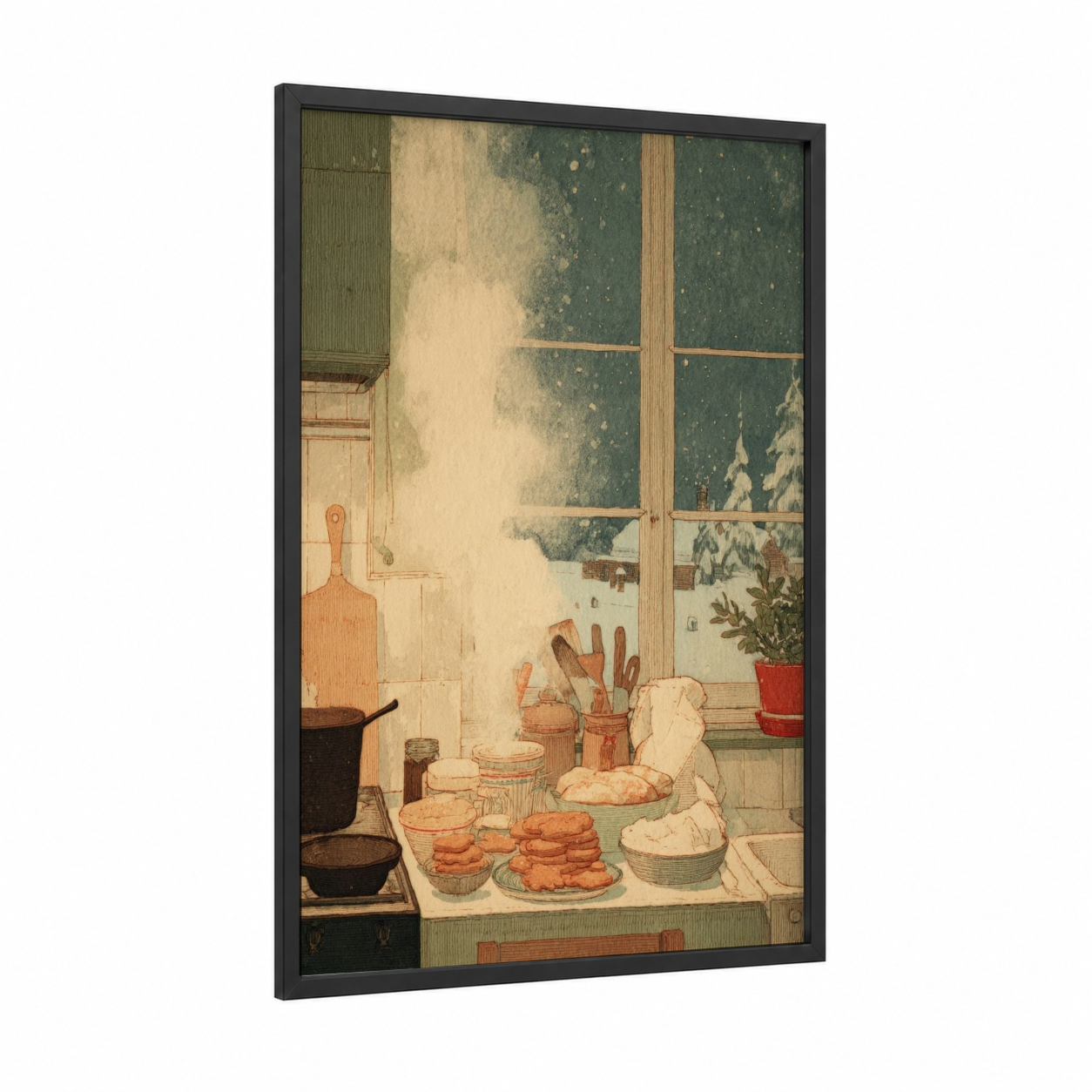 Cozy Christmas Kitchen framed art print — black wood frame — cream and dark green palette