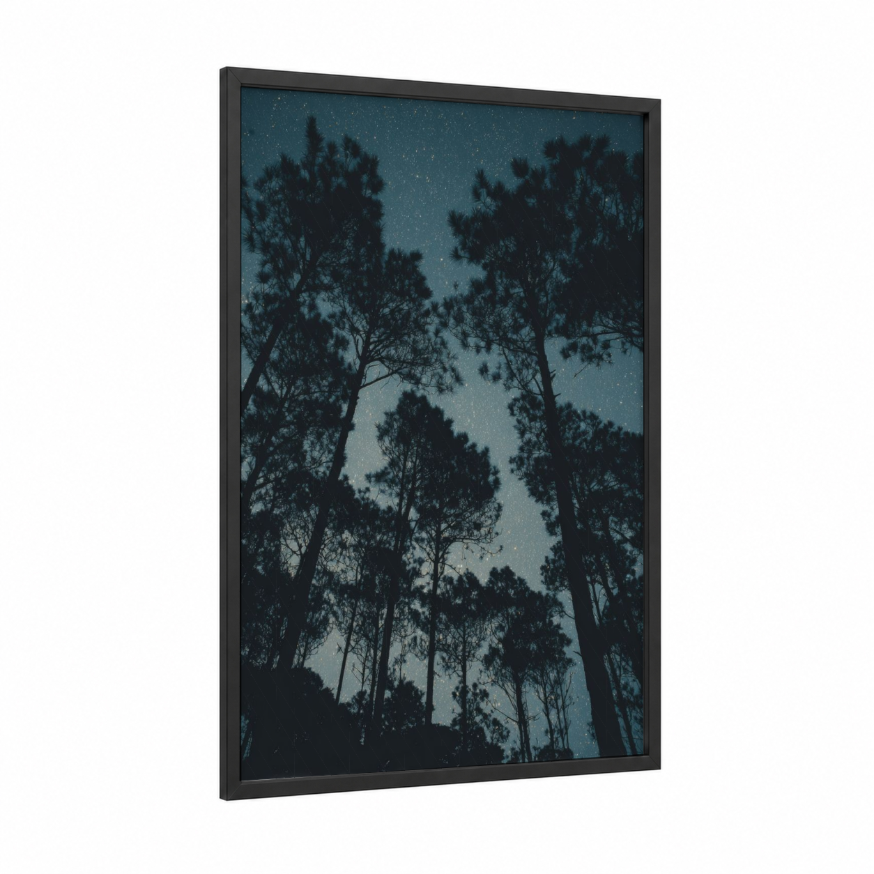 Starlit Pine Forest framed art print — black wood frame — dark blue and black palette