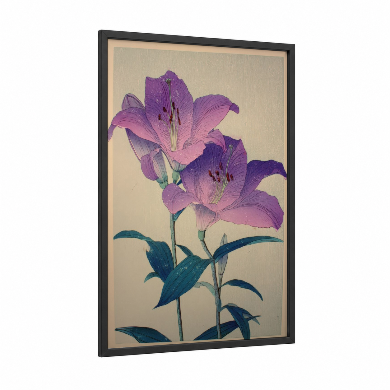 Purple Amaryllis Pair framed amarillys print — black wood frame — magenta and teal palette