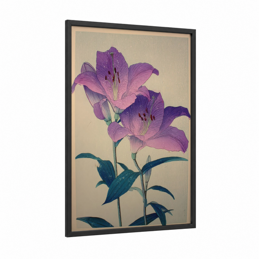 Purple Amaryllis Pair framed amarillys print — black wood frame — magenta and teal palette