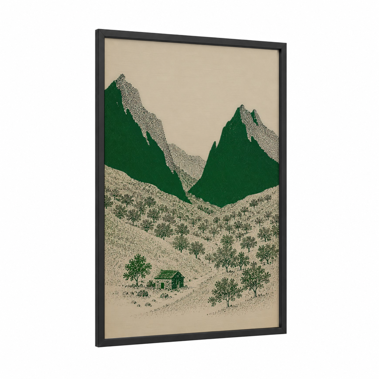 Mountain Cottage Valley Wall Art framed art print — black wood frame — true green and beige palette