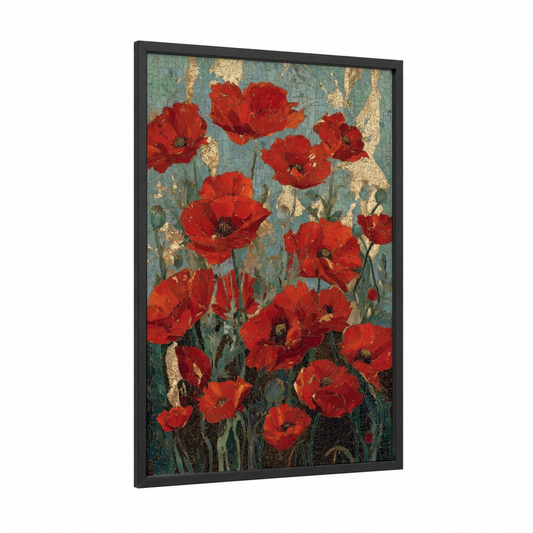 Crimson Poppies framed art print — black wood frame — red and gold palette