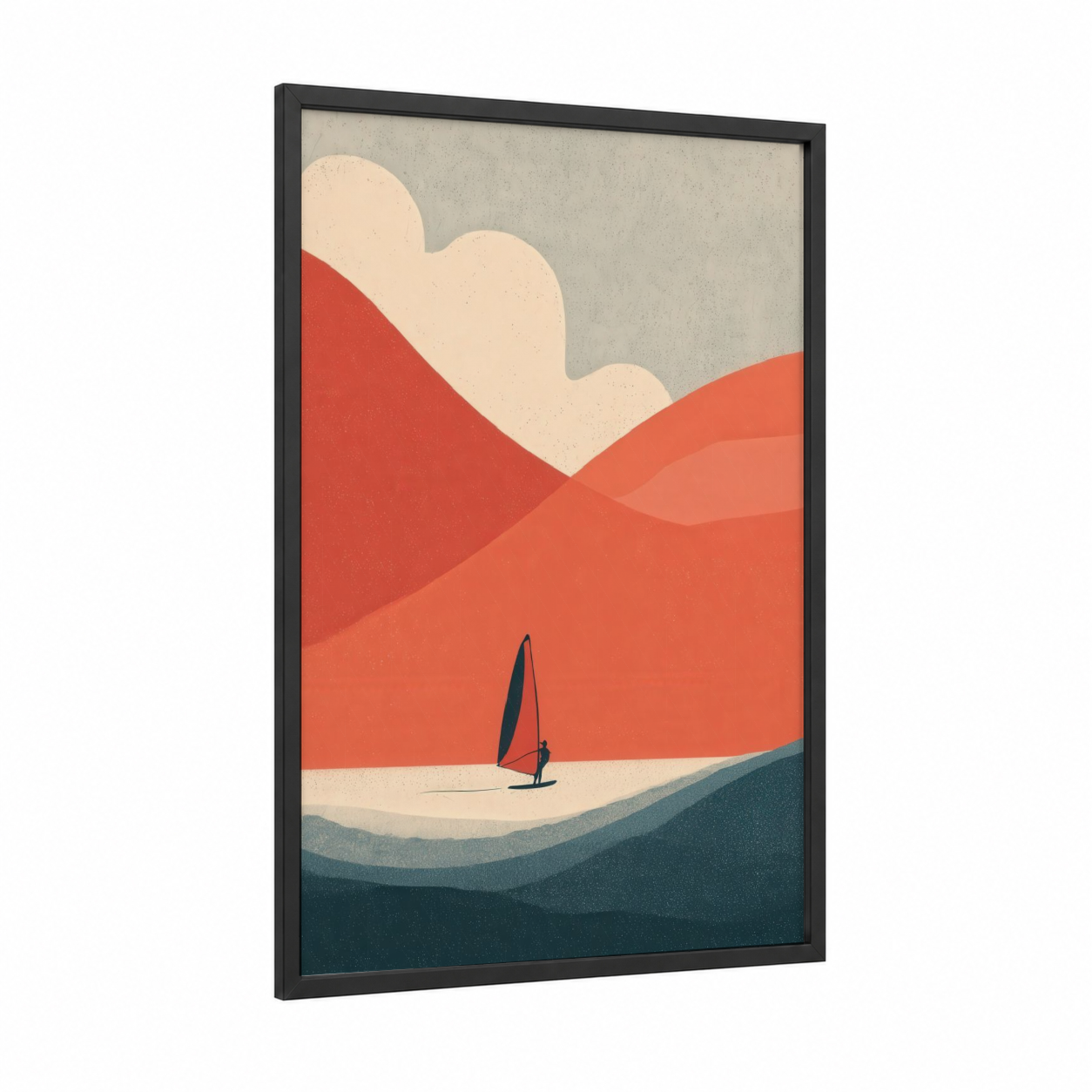 Desert Windsurfer framed windsurfing print — black wood frame — red and cream palette