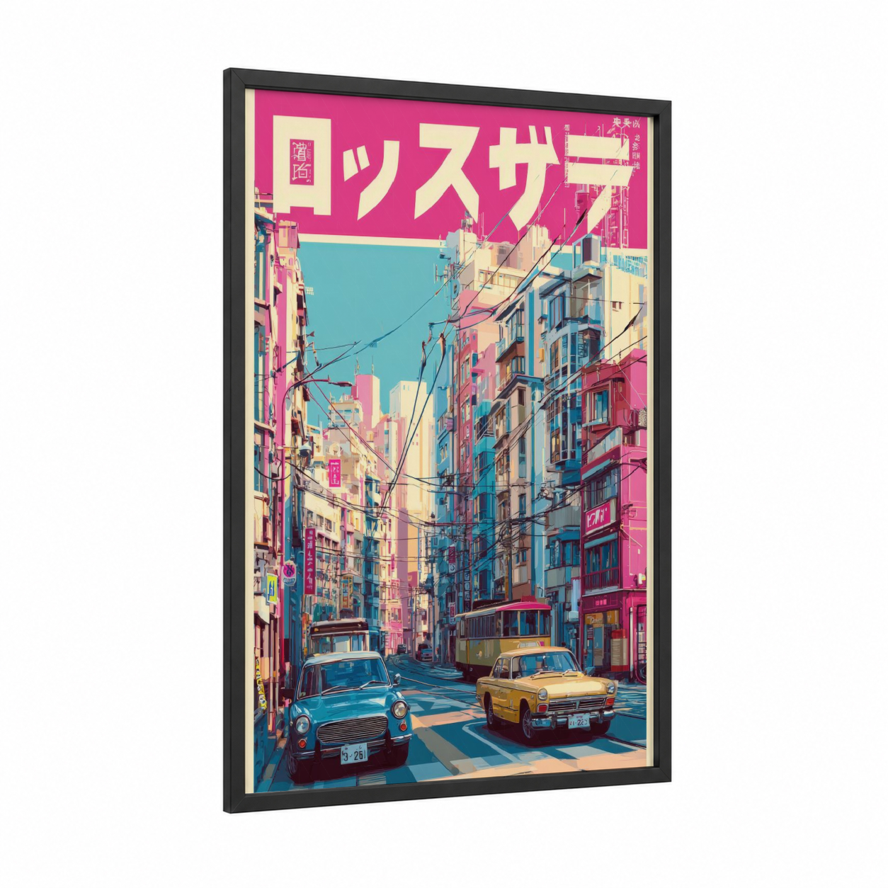 Neon Tokyo Street framed vintage japanese ads print — black wood frame — magenta and turquoise palette