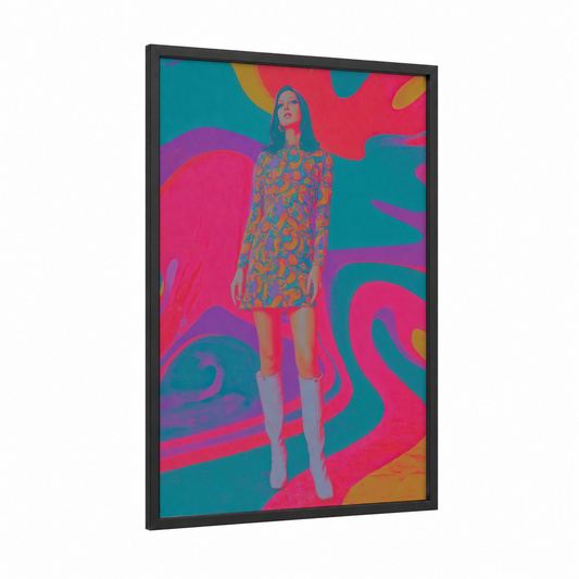 Retro Y2K Fashion framed vintage fashion print — black wood frame — magenta and teal palette
