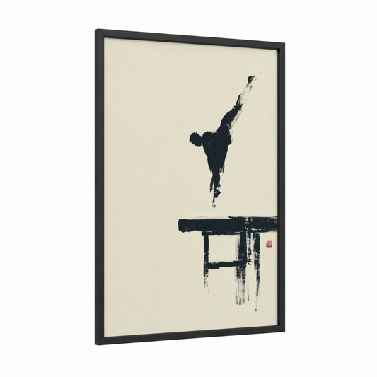 Handstand Gymnast framed gymnastics print — black wood frame — black and cream palette