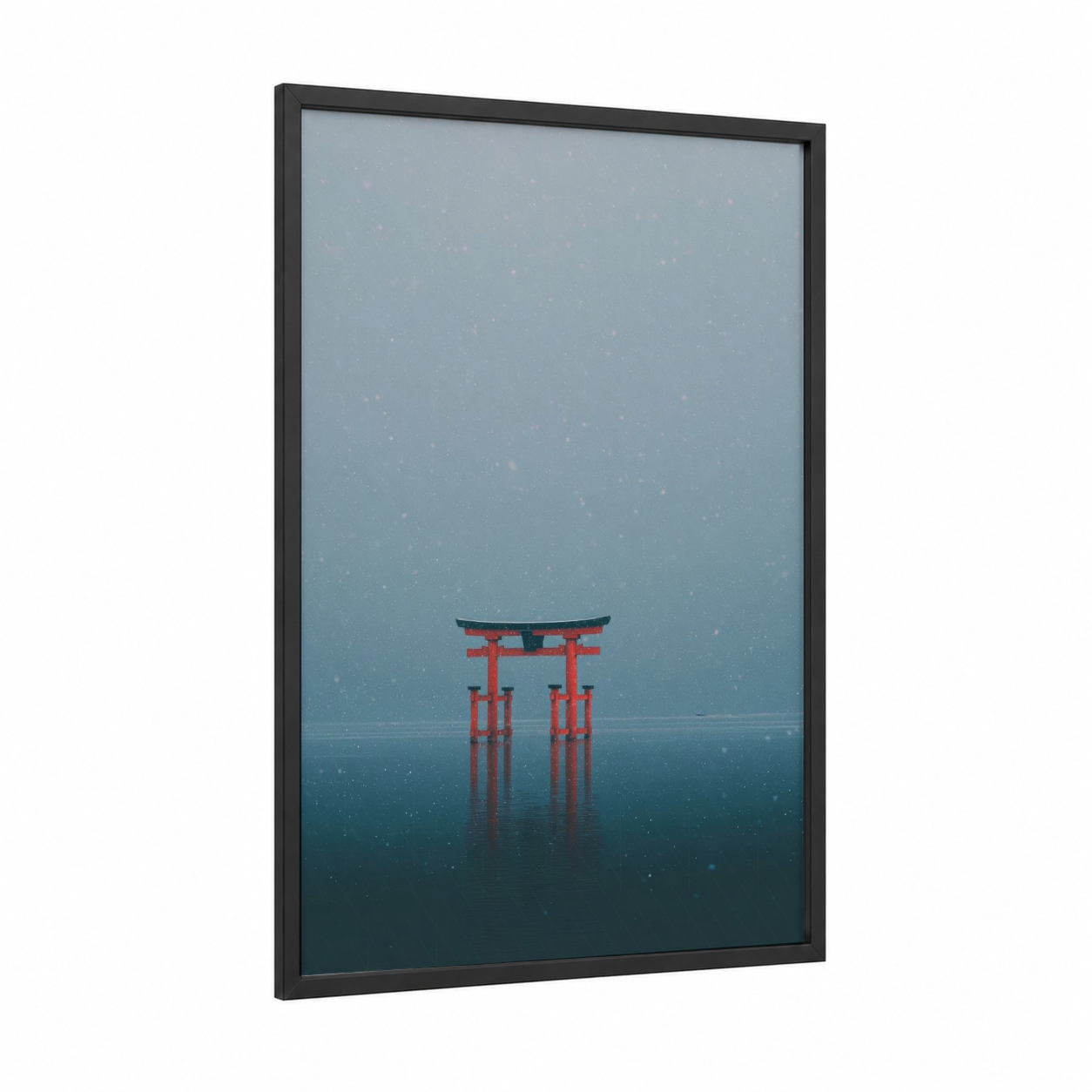 Snowy Torii Gate framed arch print — black wood frame — blue and white and gray and white palette
