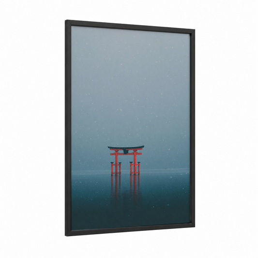 Snowy Torii Gate framed arch print — black wood frame — blue and white and gray and white palette