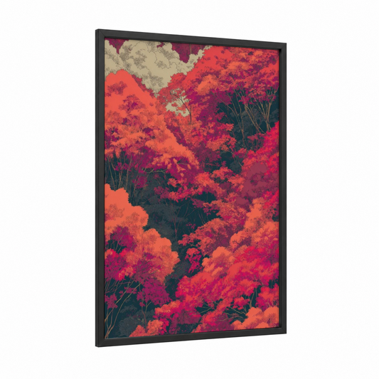 Crimson Maple Forest framed art print — black wood frame — red and orange palette