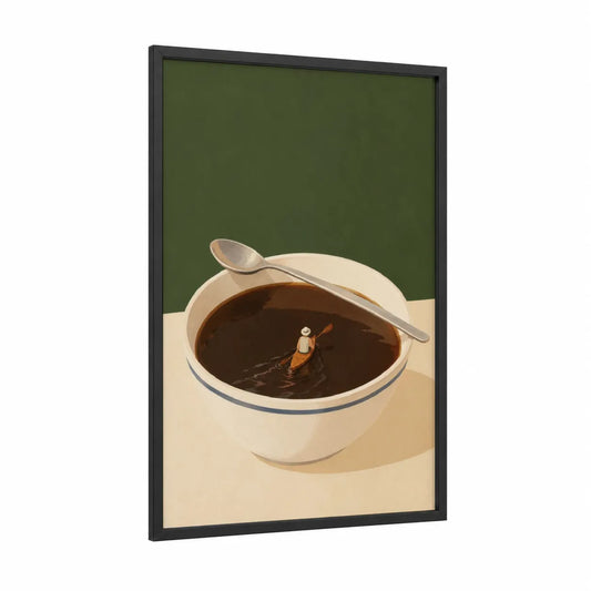 Surreal Coffee Bowl Journey Wall Art framed art print — black wood frame — brown and beige palette