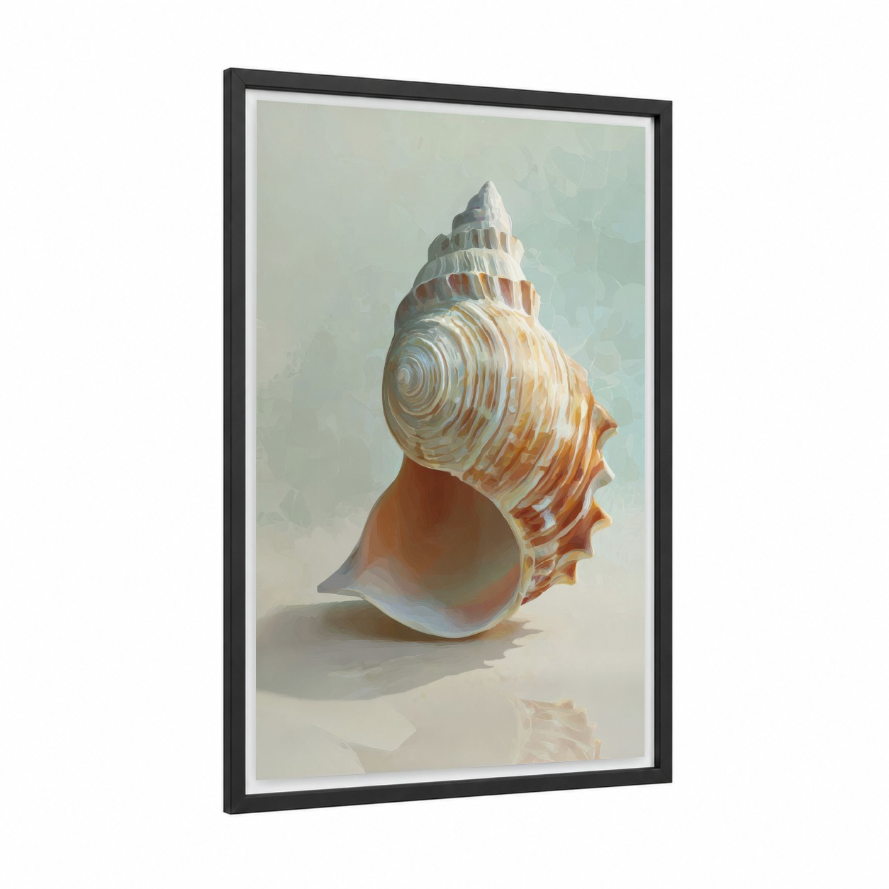 Spiral Seashell framed art print — black wood frame — peach and cream palette